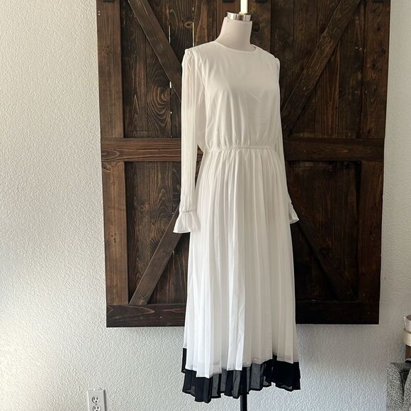 ZESICA Fall Long Sleeve Chiffon Casual Crew Neck Pleated A Line Flowy Midi Dress - Picture 4 of 12